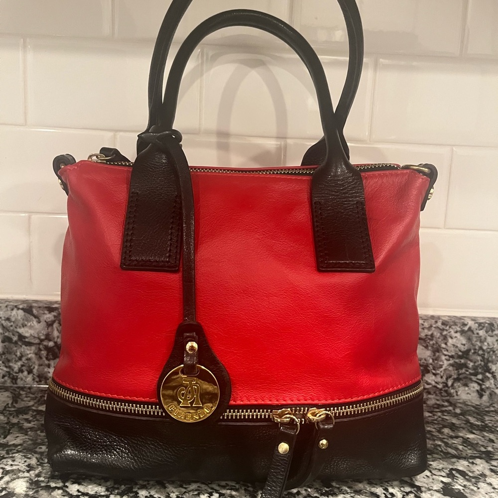 Red and Black Leather Tote Handbag with Gold Accent- Made in Italy